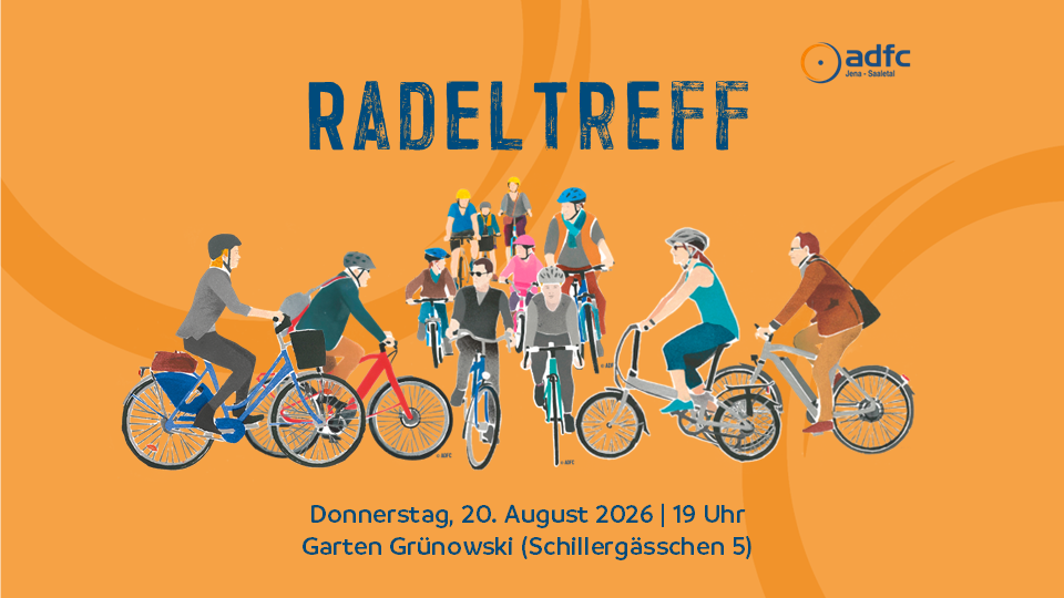 Sharepic für den Radeltreff des ADFC Jena-Saaletal am 20. August 2026 um 19 Uhr im Grünowski