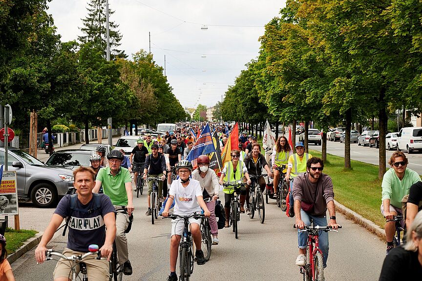 ADFC Fahrraddemo entlang einer innerstädtischen Allee