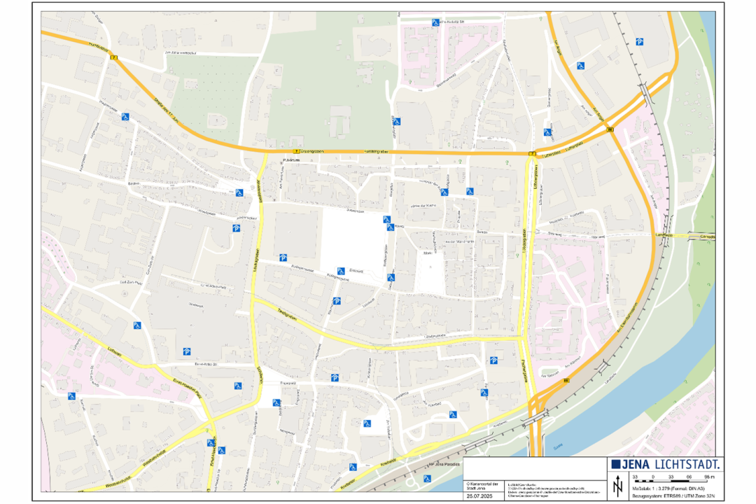 Karte der Innenstadt Jena mit Angabe der Parkhäuser und Parkflächen für Schwerbeschädigte.