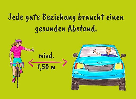 Eine Radfahrerin zeigt einem Autofahrer, der sie mit anderthalb Meter Abstand überholt, einen erhobenen Daumen und lächelt.